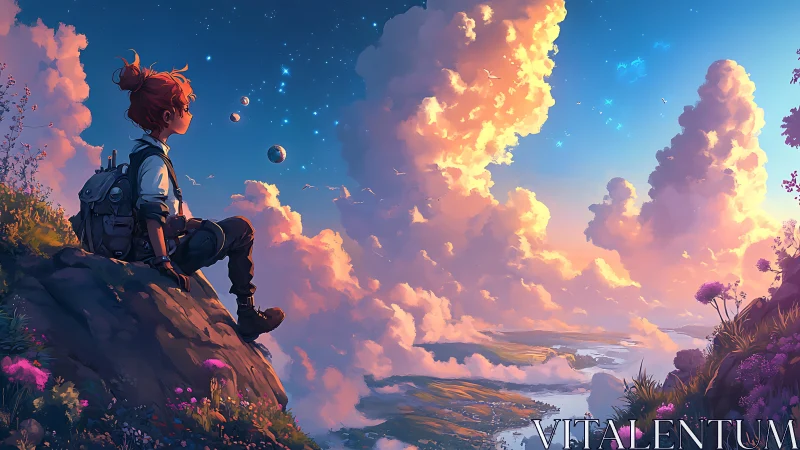 Young sky dreamer resting above glowing sunset clouds.