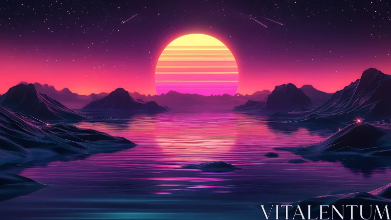 Neon horizon seascape with retro-synth sun and low-poly peaks.