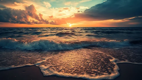 Sunset waves roll onto a tranquil, glow-lit ocean shore