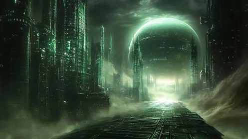 Futuristic green megacity with spherical central structure.