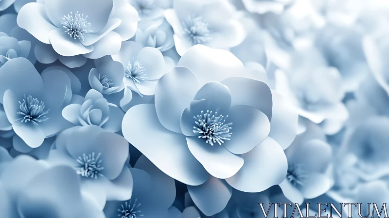 Clustered white flowers with stamen detail, monochromatic blue palette.