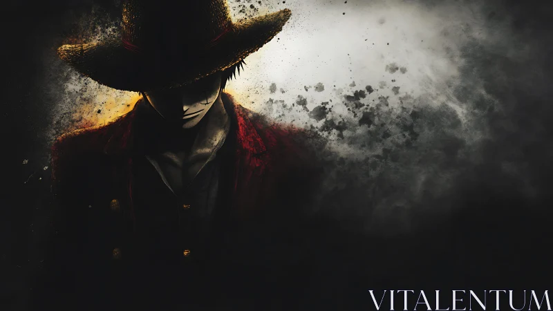 Shadowed straw-hat swordsman amid dissolving dark clouds.