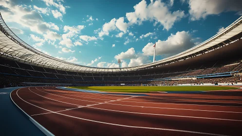 Olympic stadium track under vivid late afternoon sky glow.