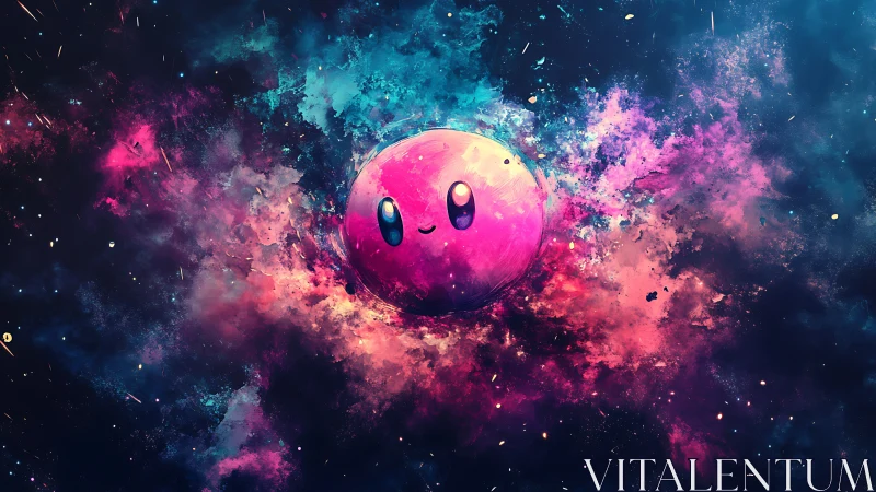 Spherical pink character rendered in luminous nebula cloud field