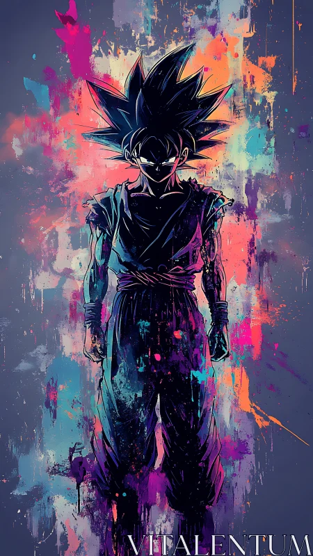 Silhouetted anime fighter stands amid neon splatter field