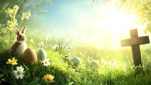 Easter bunny, eggs, and wooden cross in bright spring field.