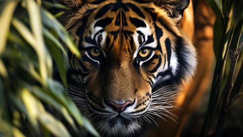 Close frontal view of tiger head amid dense green foliage.