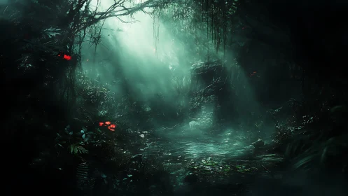 Moonlit jungle pool where secret stories drift slowly.