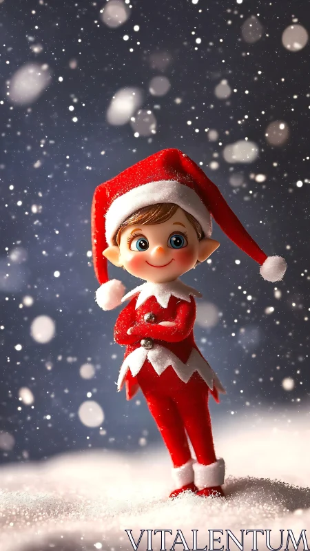 Snowflake-sprinkled holiday elf strikes a cheeky winter pose