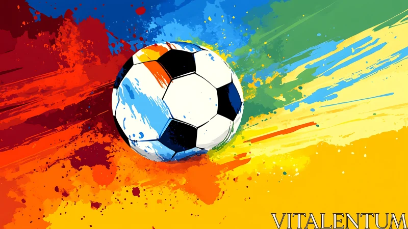 Soccer ball centered over multicolor paint streak background