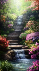 Terraced garden waterfall with stone steps and blossoms.