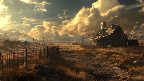 Deserted farmhouse broods beneath storm-lit mountain skies