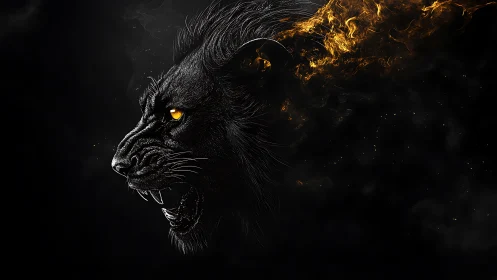 Roaring black lion head dissolves into incandescent fire plume