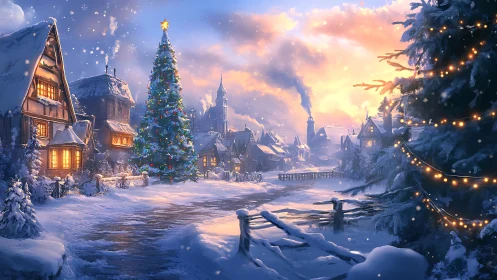 Snowy village street with tall decorated Christmas tree.