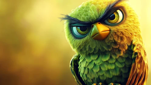 Grumpy Cartoon Owl with Intense Eyes on Warm Yellow Background.