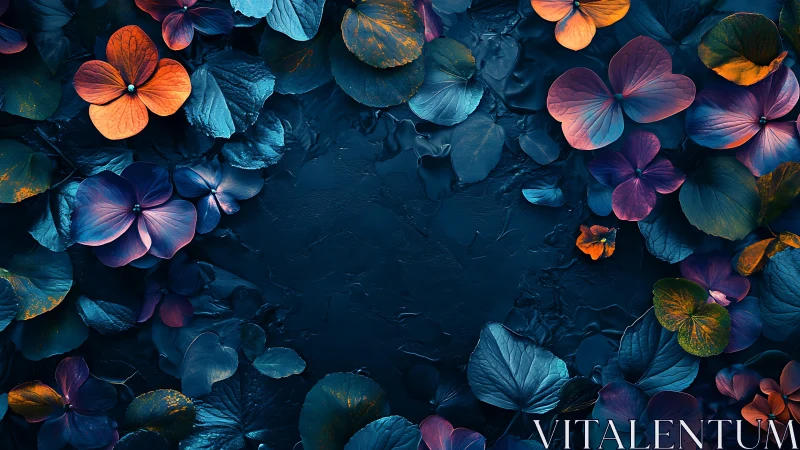 Vibrant neon flowers framing deep textured backdrop.