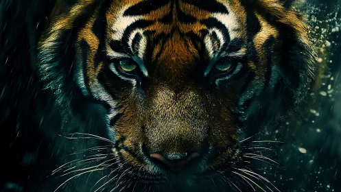 Predatory tiger portrait under stormy cinematic rainlight.