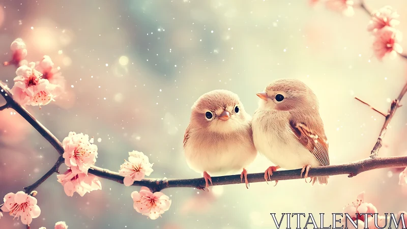 Two small birds on cherry blossom branch in soft light.