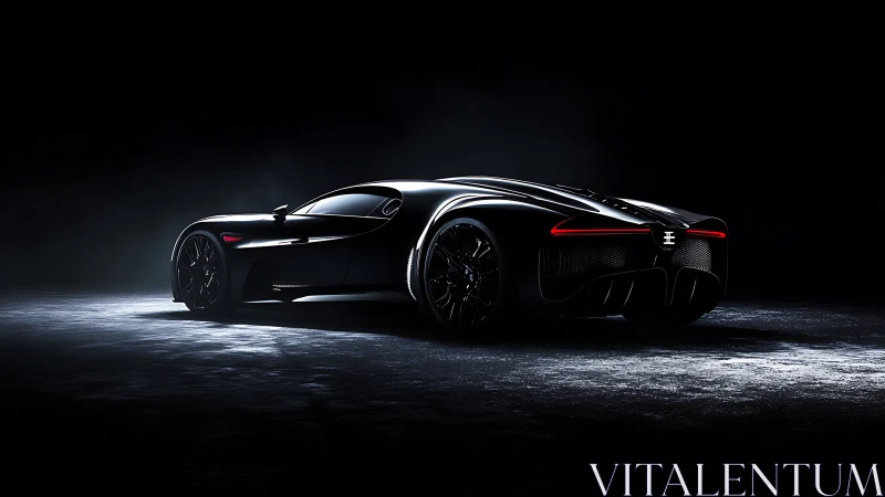 Sleek black hypercar glows against a dramatic dark studio backdrop