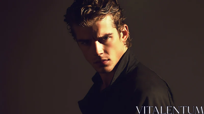 Low key male portrait with dramatic chiaroscuro lighting design.