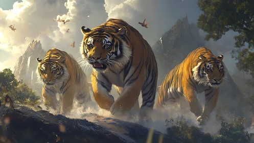 Three Tigers Charge Through Misty Fantasy Realm