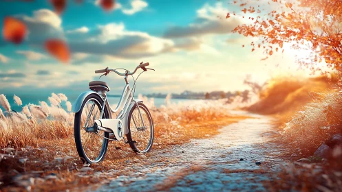 Bicycle on Coastal Path with Autumn Foliage.