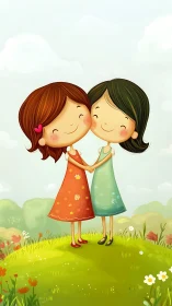 Two figures with distinct hair colors stand holding hands outdoors among flora.