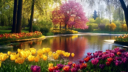 Springtime tulip pond wrapped in glowing golden light.
