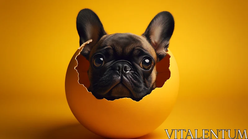French bulldog head rendered inside fractured egg shell
