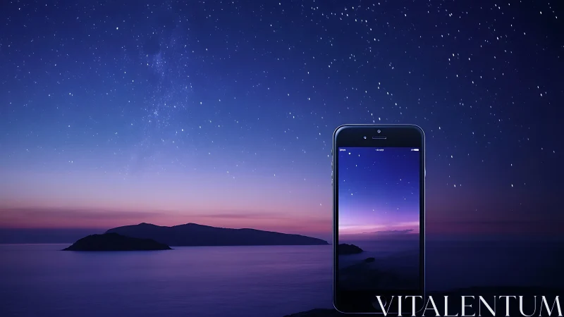 Twilight shoreline and starry sky framed in a glowing phone.
