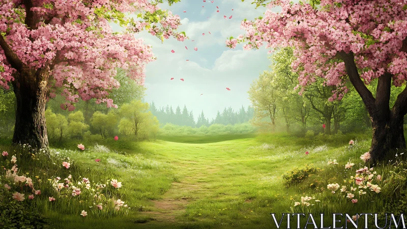 Spring meadow framed by flowering cherry trees in soft light