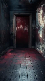 Corroded red threshold in narrow, low-light wooden corridor.