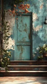 Weathered teal doorway dreaming under climbing garden echoes.