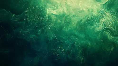 Green swirling abstract texture with fluid light patterns.