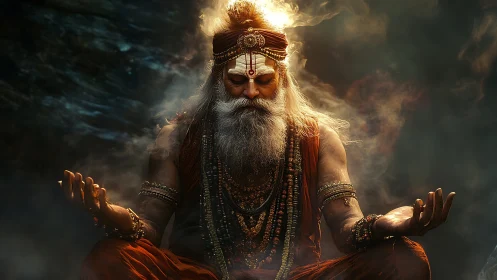 Radiant sage sits in peaceful meditation amid swirling light