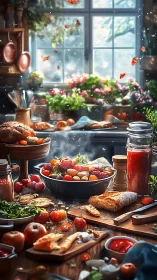 Sunlit rustic kitchen table loaded with vibrant garden feast.