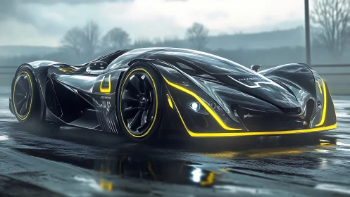 Futuristic black hypercar with neon yellow aerodynamic accents.