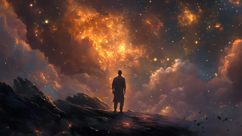 Lone wanderer gazes blazing cosmic sky over dark cliffs.
