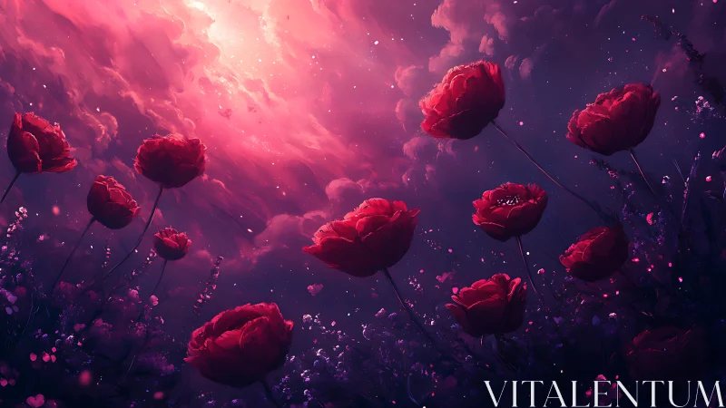 Crimson Blooms Dancing Through Dreamlike Purple Mist.