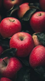Morning dew on crimson orchard apples in leafy shadow chorus.