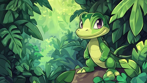 Cute green gecko character in lush stylized jungle light.