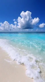 Calm tropical shoreline with turquoise water and clouds.