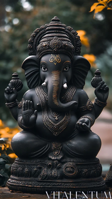 Photorealistic Ganesha sculpture in shallow-depth devotional portrait.