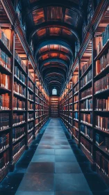 Endless library corridor hums with deep-blue quiet light