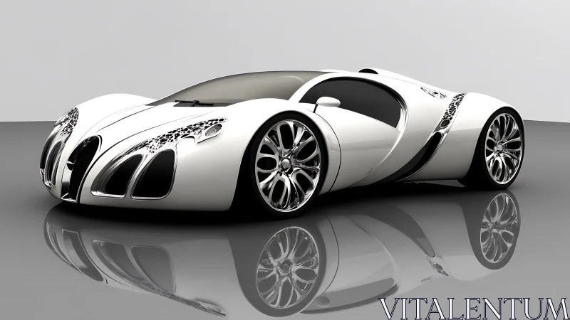 Rendered white concept coupe is positioned on reflective floor