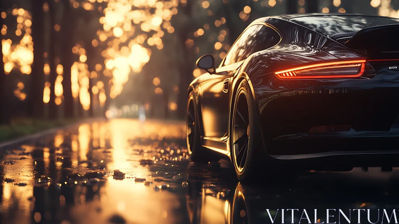 Rear-quarter sports coupe on wet road with bokeh illumination.