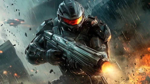 Ballistic exosuit infantry in torrential urban firefight.