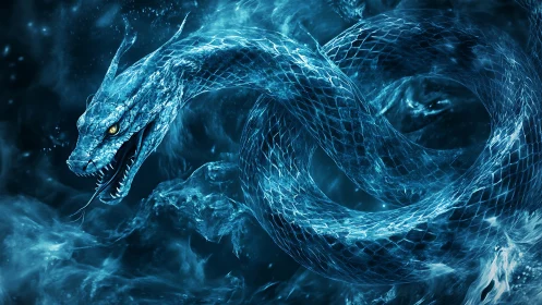 Mythic ice serpent coils through swirling blue mist
