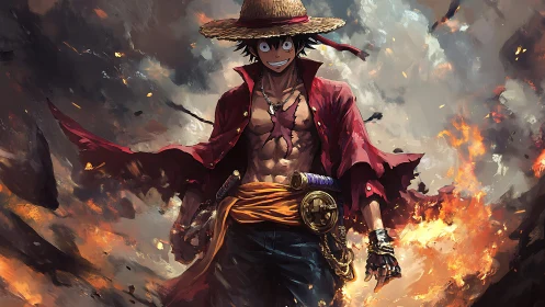 Straw hat pirate walks forward through swirling fire clouds