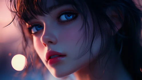 Digital portrait with luminous blue eyes at dusk.